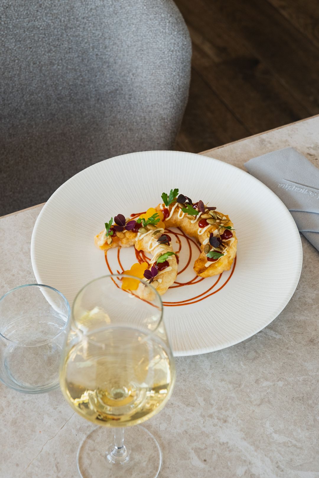 Grey pumpkin tempura with pumpkin seeds and chipotle, Przystań & Marina
