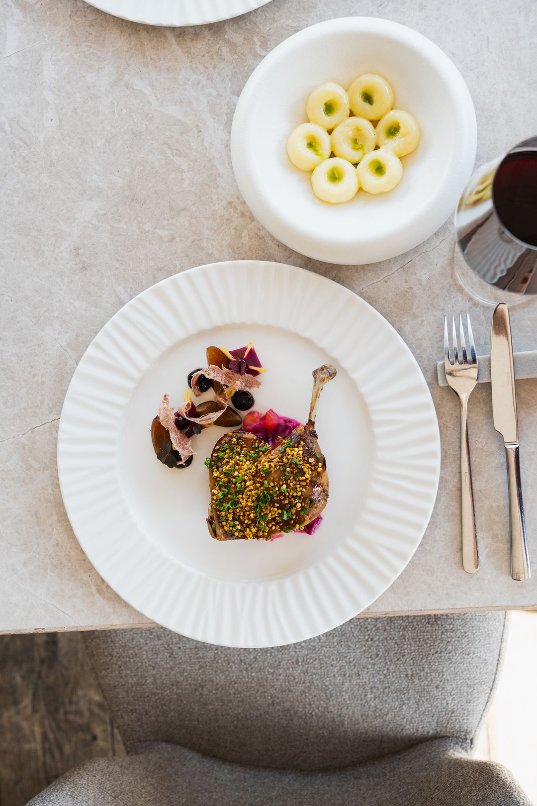 Confit duck leg with beetroot ragout and Silesian dumplings, Przystań & Marina